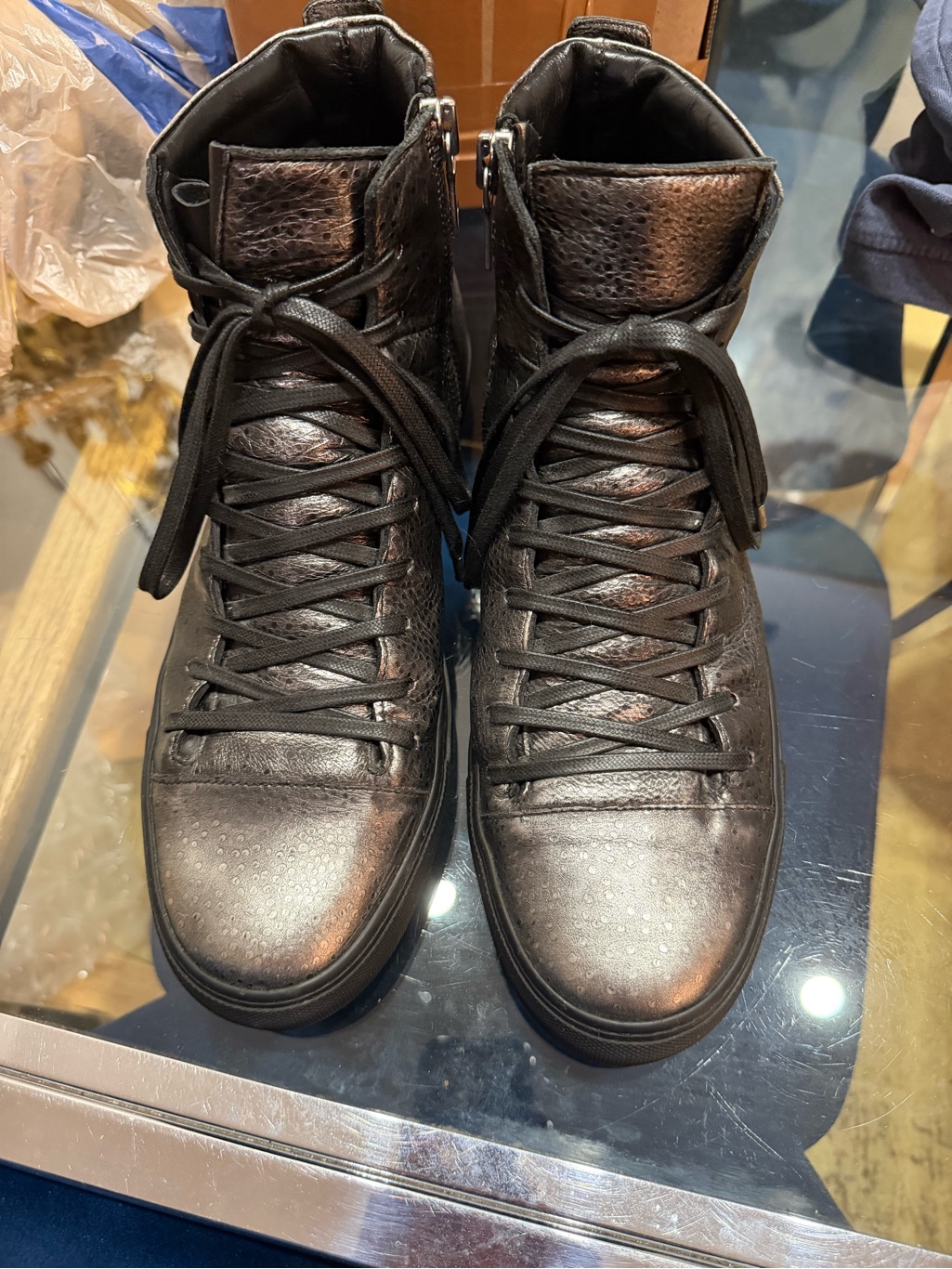 John Varvatos Black Leather Lace-Up High-Top Boots